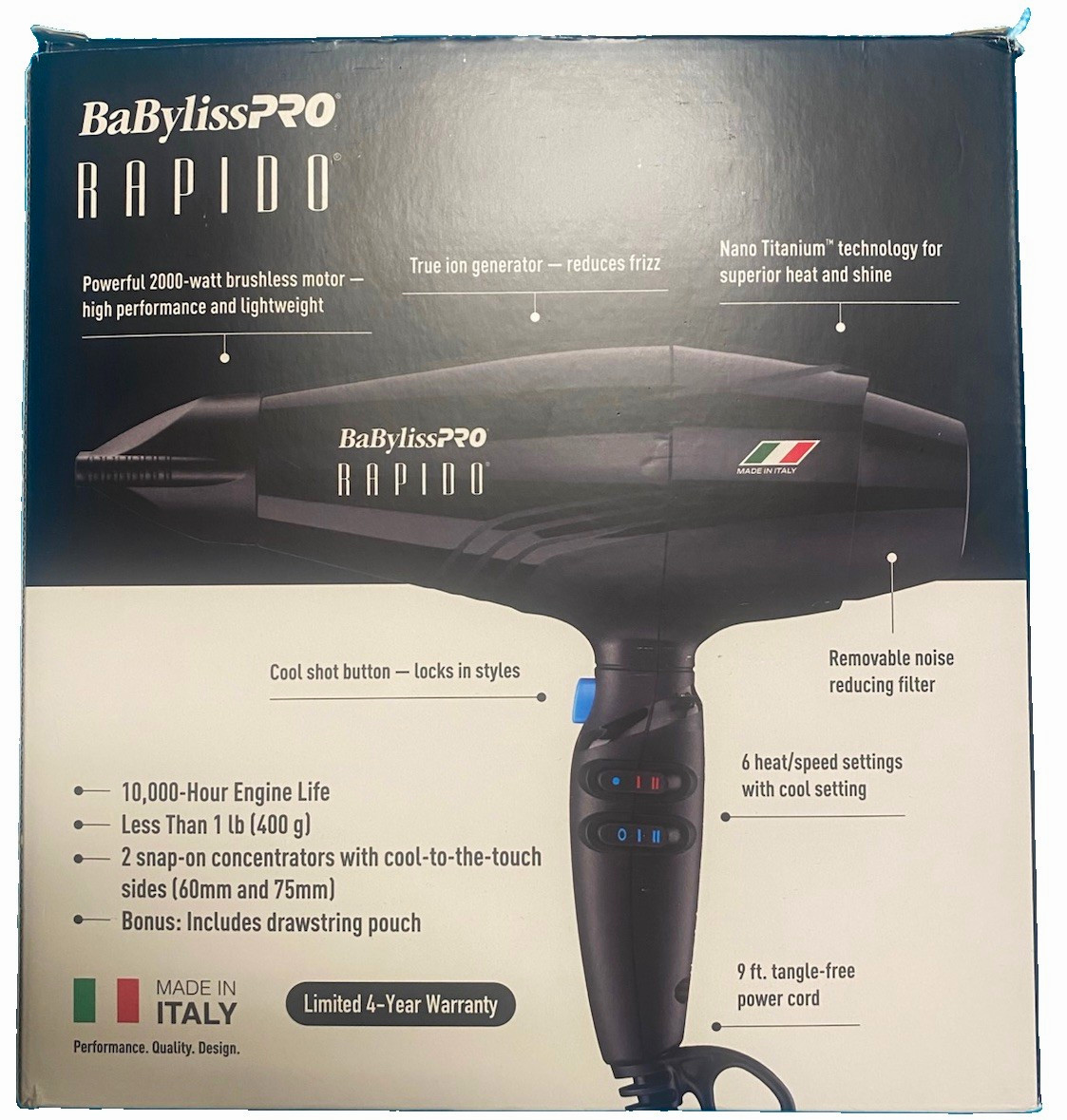 BaBylissPRO Rapido 2000W Black Hair Dryer Ionic Cool Shot w/ 2 Nozzles BaBylissPRO Rapido 2000W Black Hair Dryer Ionic Cool Shot w/ 2 Nozzles