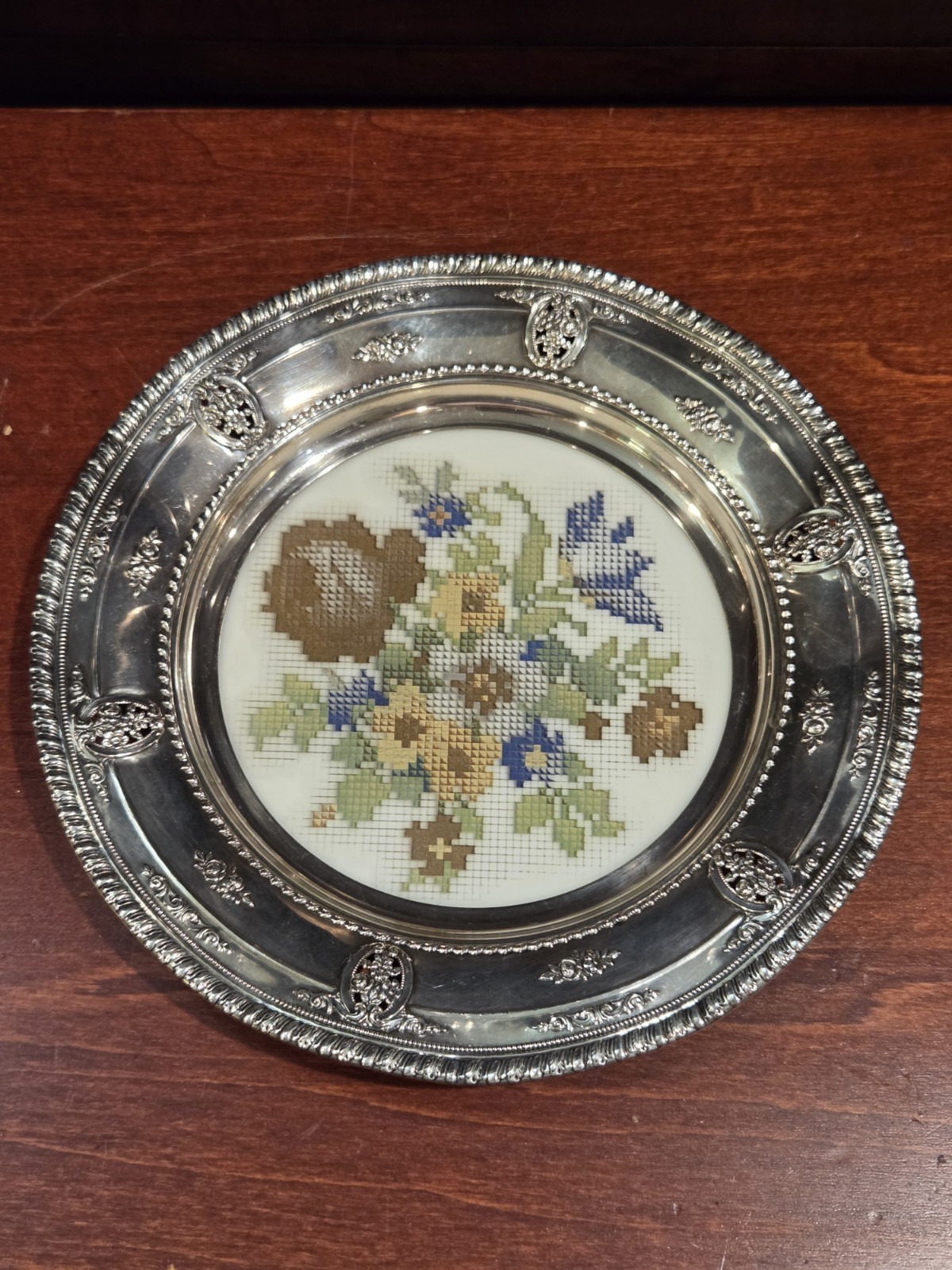 Vtg Wallace Sterling Silver Rose Point 6510 Tray Floral Cross Stitch Glass 176g