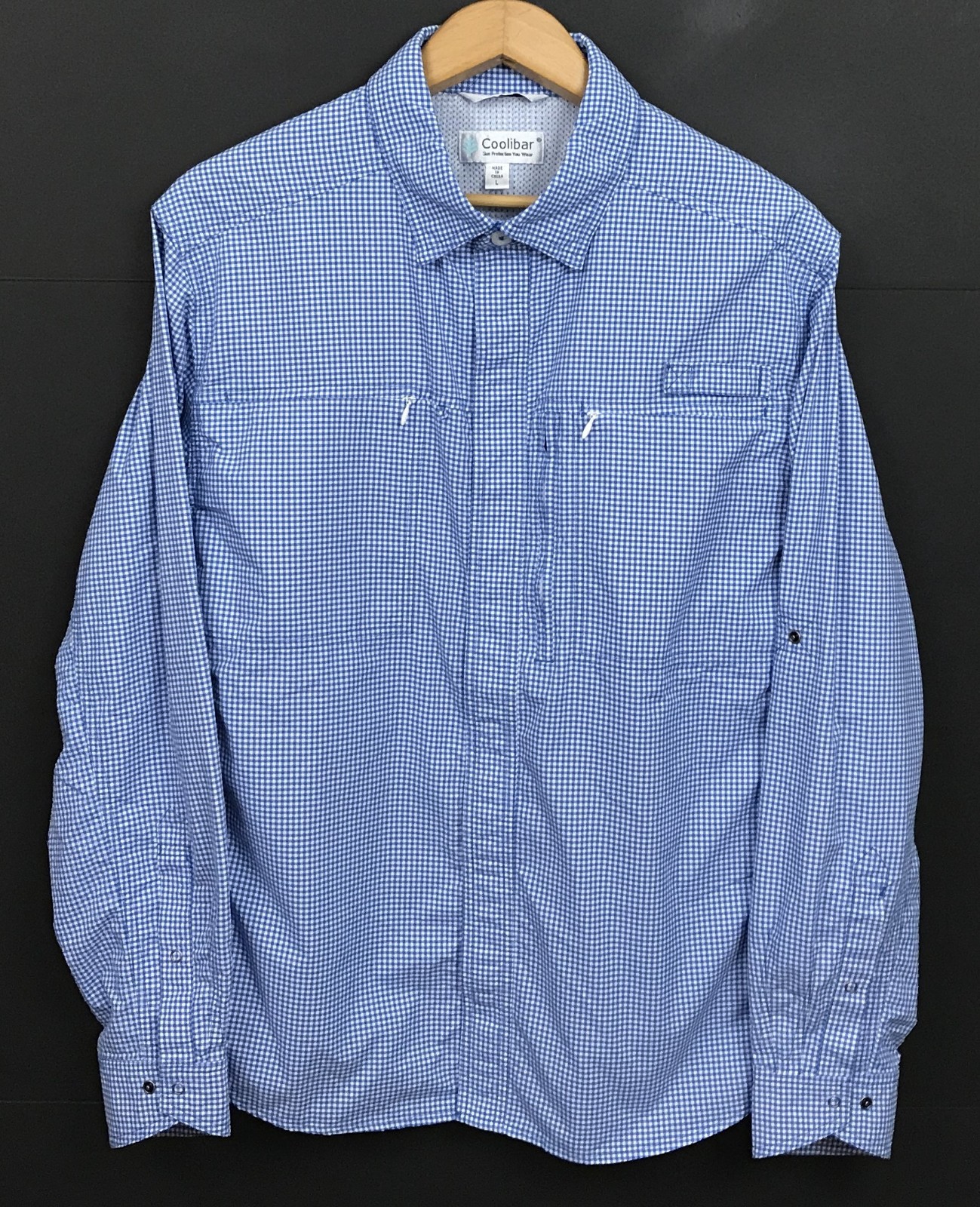 Coolibar Men\'s UPF 50+ Fishing Shirt Blue Gingham Long Sleeve Button Up Size L