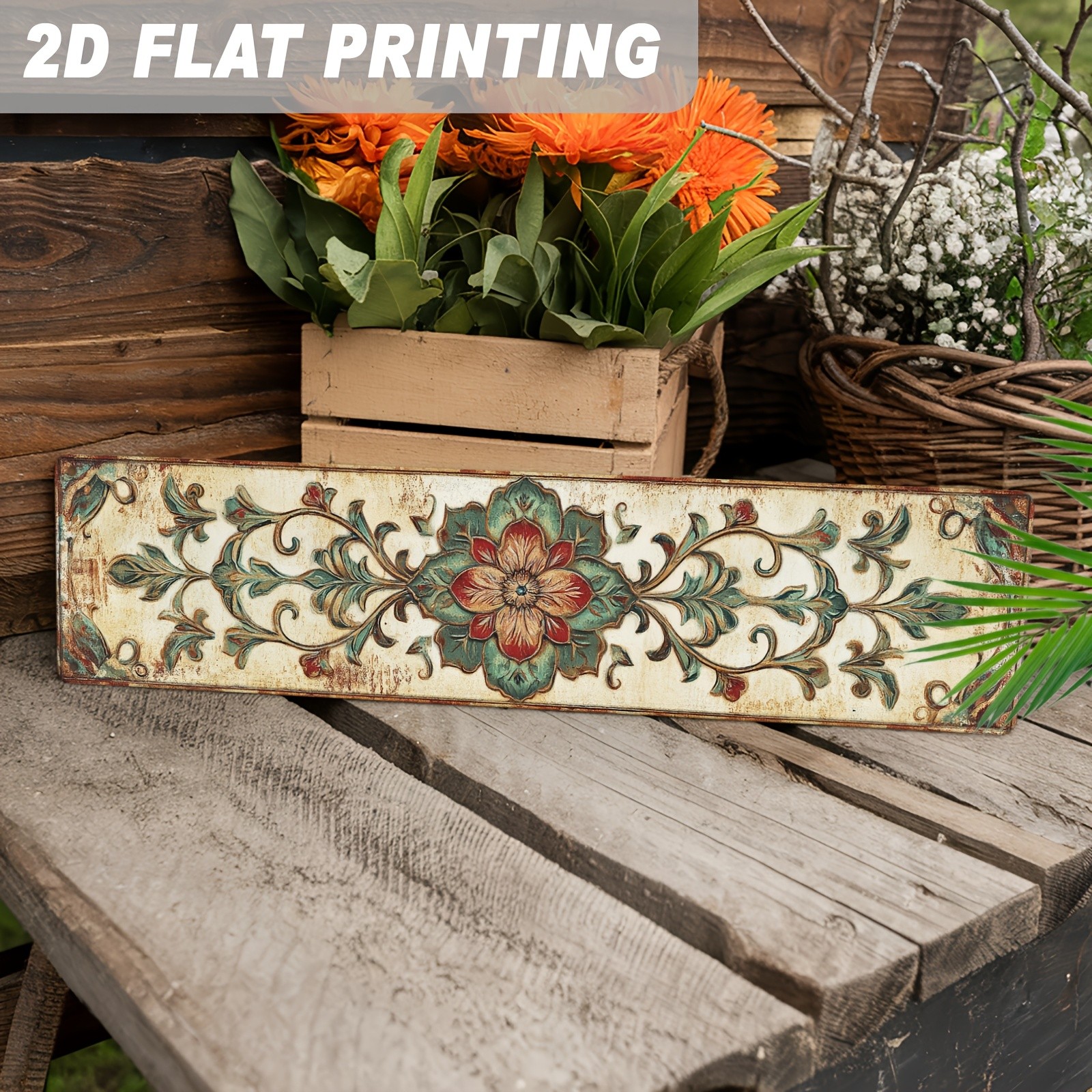 Antique Carved Style Floral Metal Sign Rustic Home Porch Garden Wall Decoration