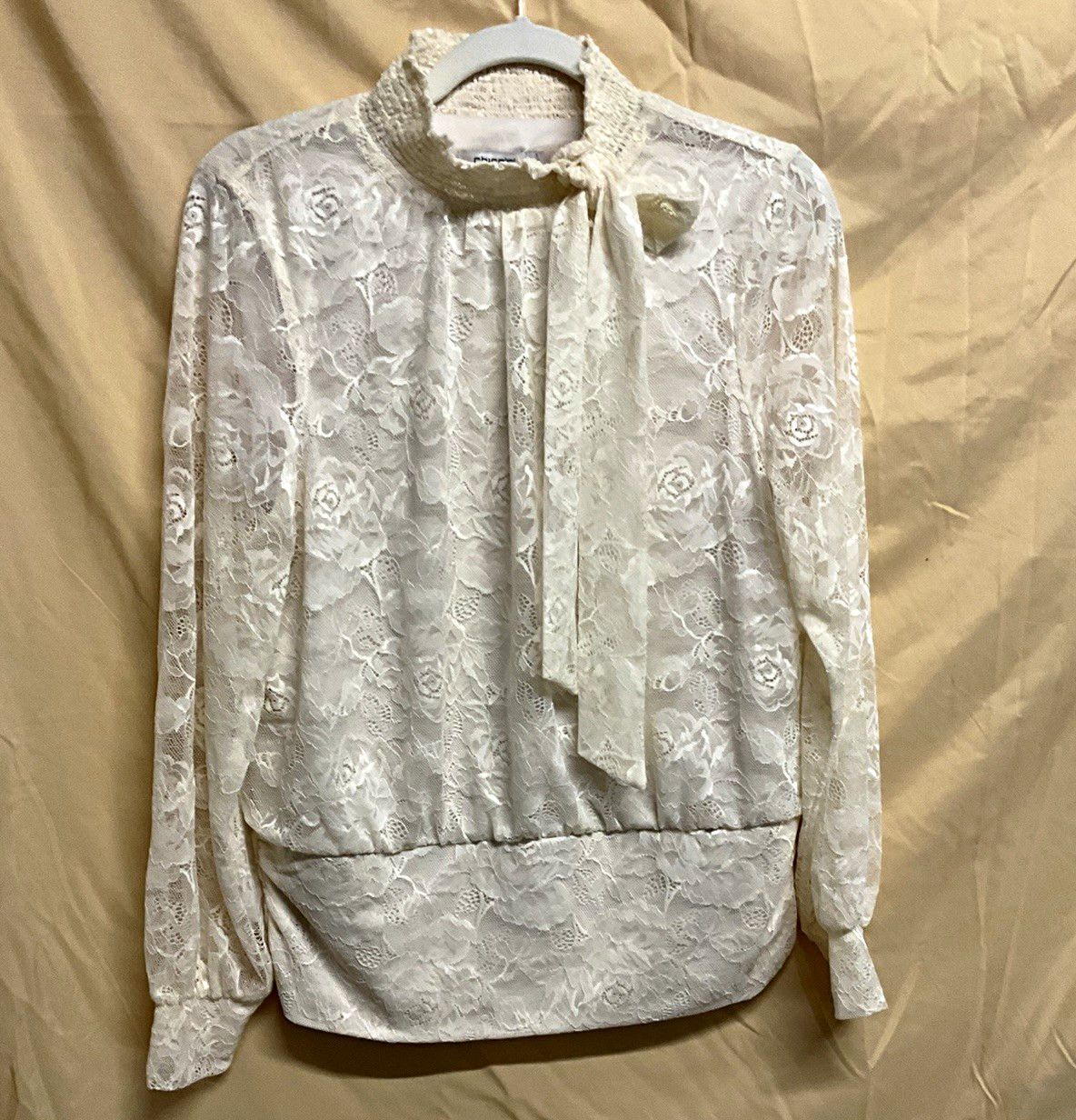 Chico\'s Cream Floral Lace Tie Neck High Neck Long Sleeve Lined Blouse Sz 1 Chico\'s Cream Floral Lace Tie Neck High Neck Long Sleeve Lined Blouse Sz 1