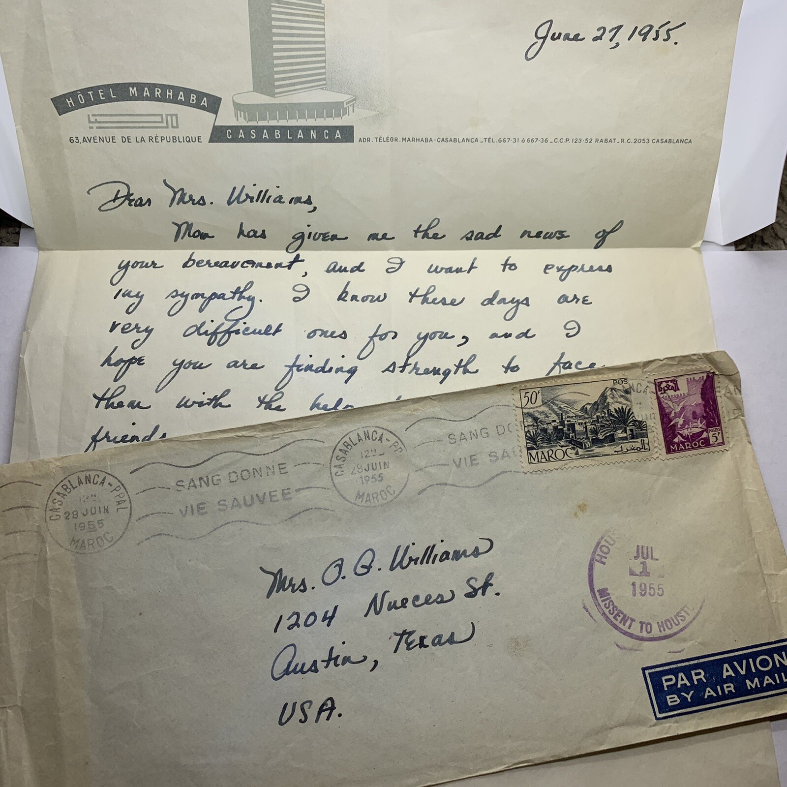 1955 HOTEL MARHABA CASABLANCA MOROCCO COVER & LETTER TO AUSTIN, MISSENT HOUSTON