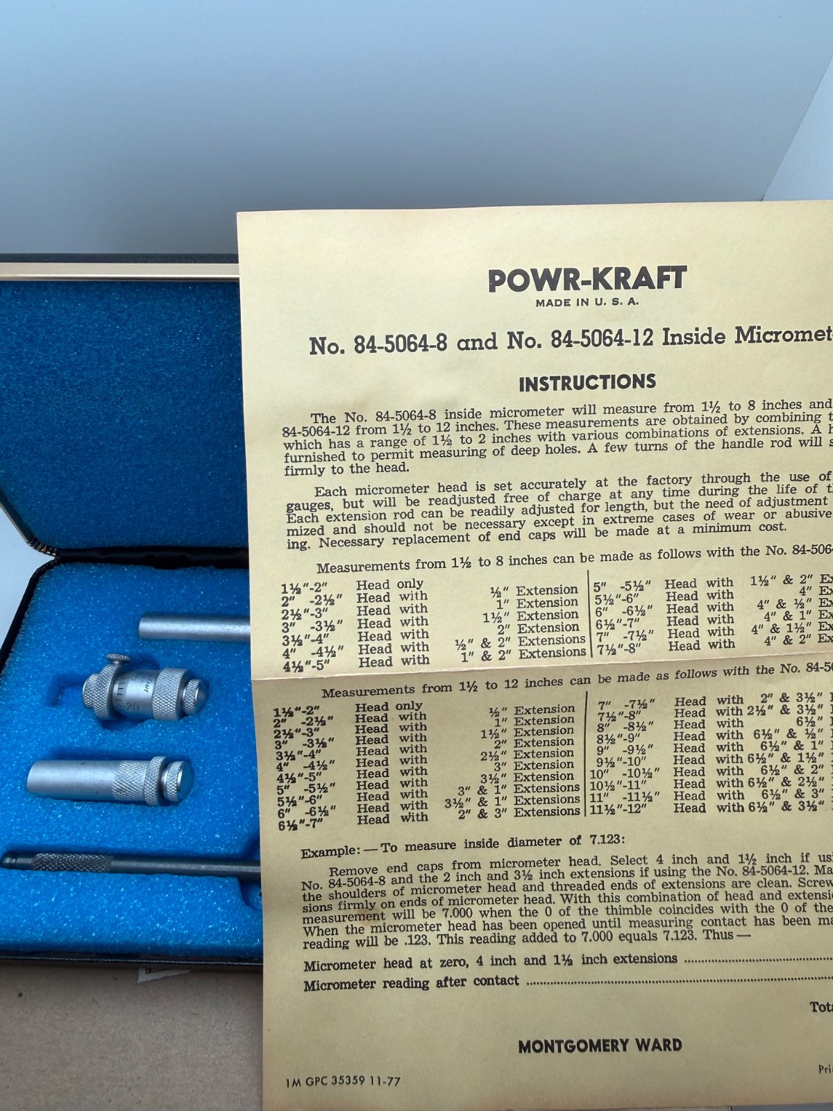 Vintage Powr-Kraft Inside Micrometer Set 84-5064 Montgomery Ward 1977 USA