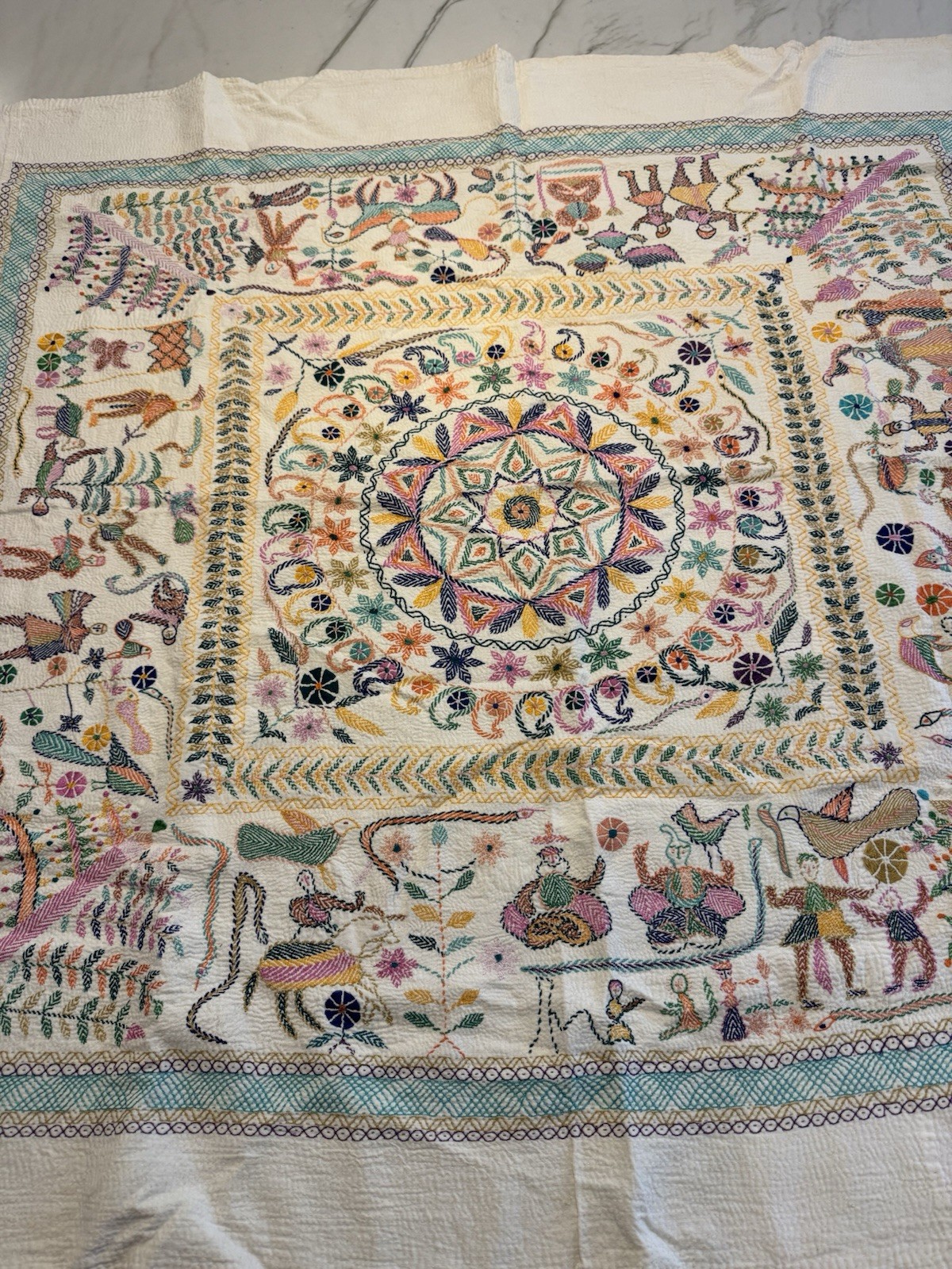 Vintage Arong Bangladesh Nakshi Kantha Embroidered Cotton Textile 43x40