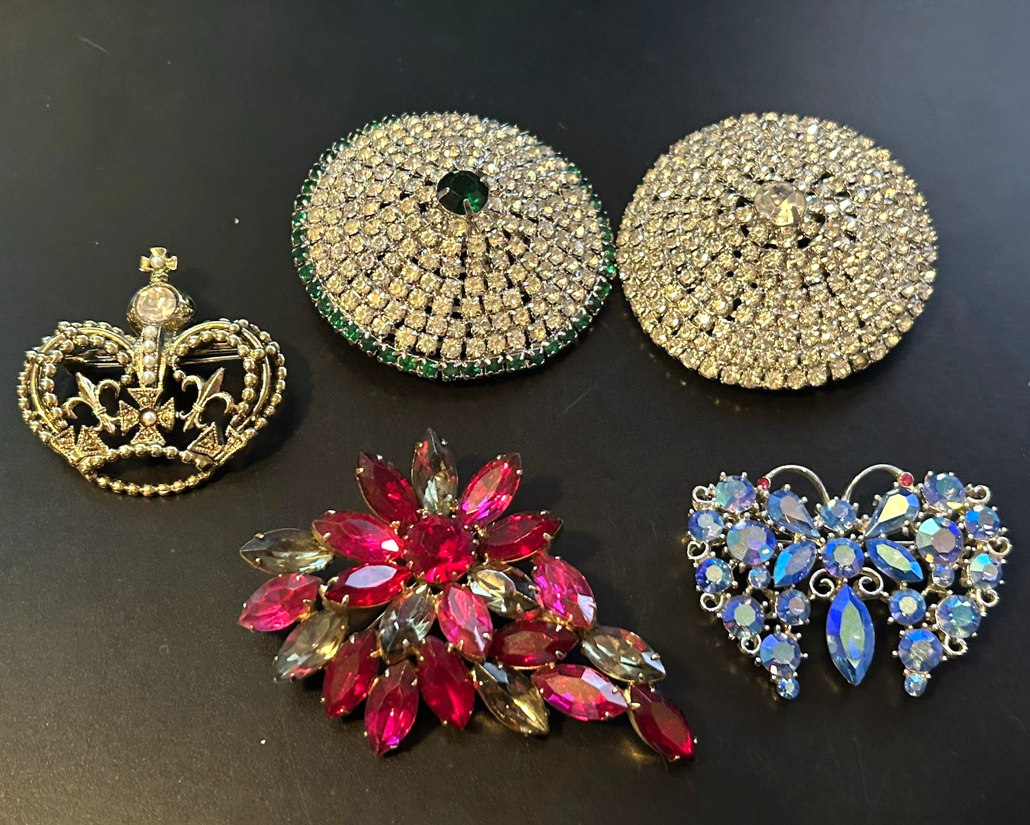 Vintage Costume Jewelry Brooch Lot 5pc Signed LISNER Aurora Borealis Rhinestone