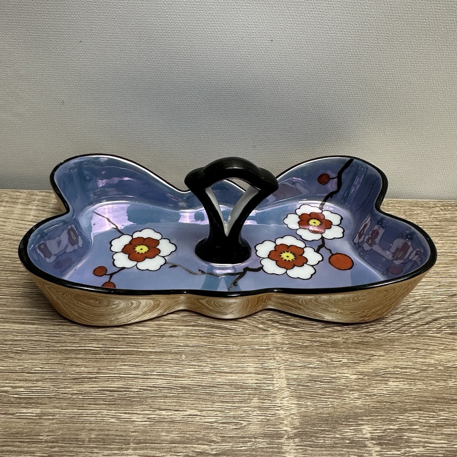 Antique Noritake Lusterware Butterfly Divided Dish Hand Painted Cherry Blossom
