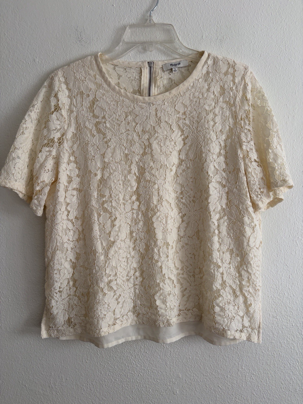 Madewell Meadowlace Tee Blouse in Cream, zipper back crew neckline Lined