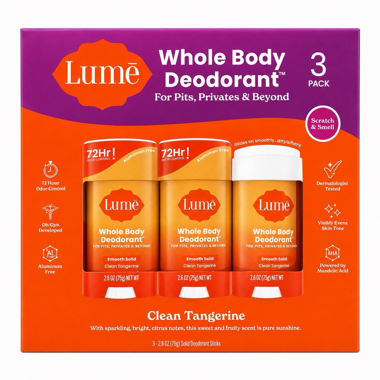Lumē Whole Body Deodorant Clean Tangerine 3-Pack | 72-Hour Odor Control