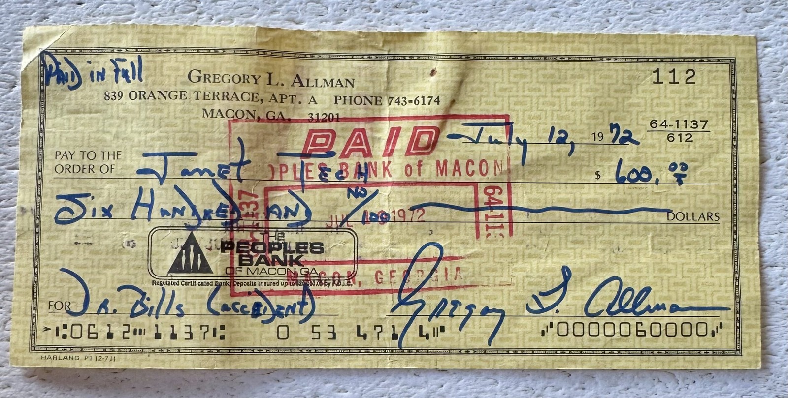 Gregg Allman Signed Check to Janet Tech 1972