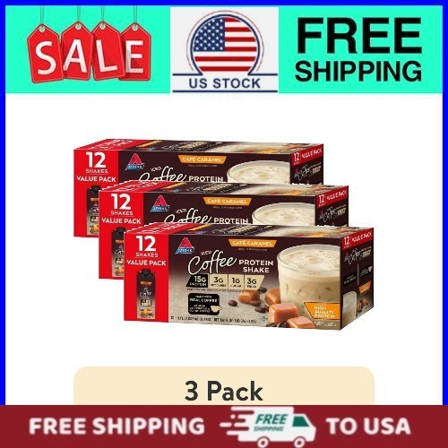 (3 pack) Atkins Café Caramel Iced Coffee Flavor High Protein Shake 12ct, 15g 