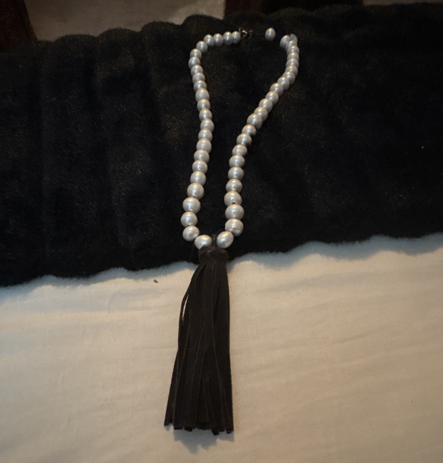 White Fresh Water Pearl Beaded Necklace, Black Leather Tassel White Fresh Water Pearl Beaded Necklace, Black Leather Tassel