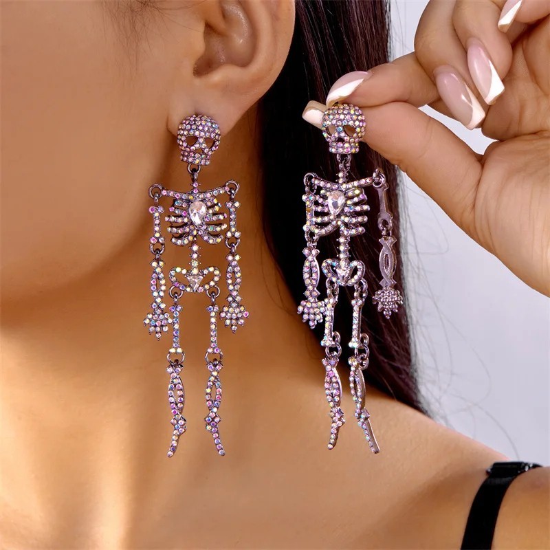 Rhinestone Skull Earrings Women Skeleton Pendant Halloween Party Jewelry Gift