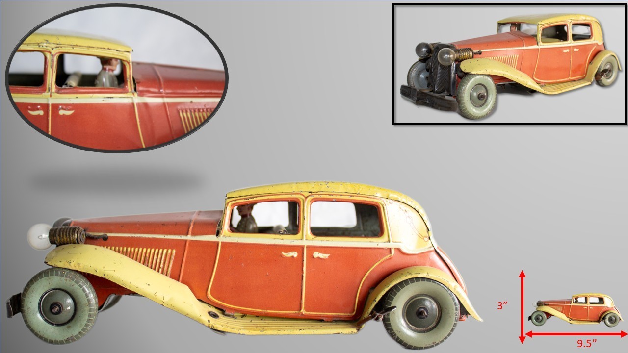Vintage 1930's Medium Tippco Clockwork Sport Sedan w/ Electric Lights
