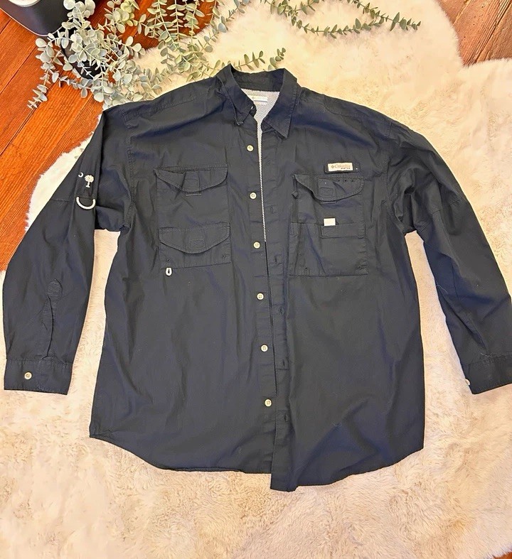 Columbia PFG Men’s L Navy Long Sleeve Fishing Button-Down Shirt Pockets Vented Columbia PFG Men’s L Navy Long Sleeve Fishing Button-Down Shirt Pockets Vented