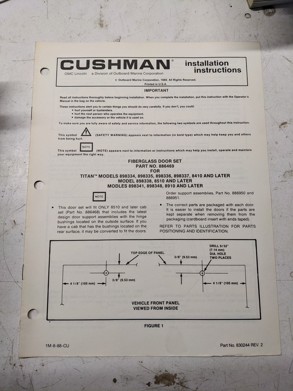 CUSHMAN INSTALLATION INSTRUCTIONS MANUAL FIBERGLASS DOOR SET 886469 1988 TITAN