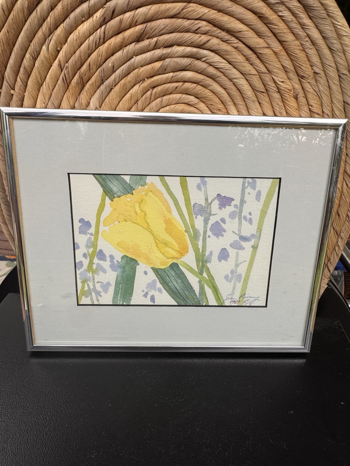 Vtg 1989 Original Botanical Watercolor Yellow Tulip 8x10 Silver Frame