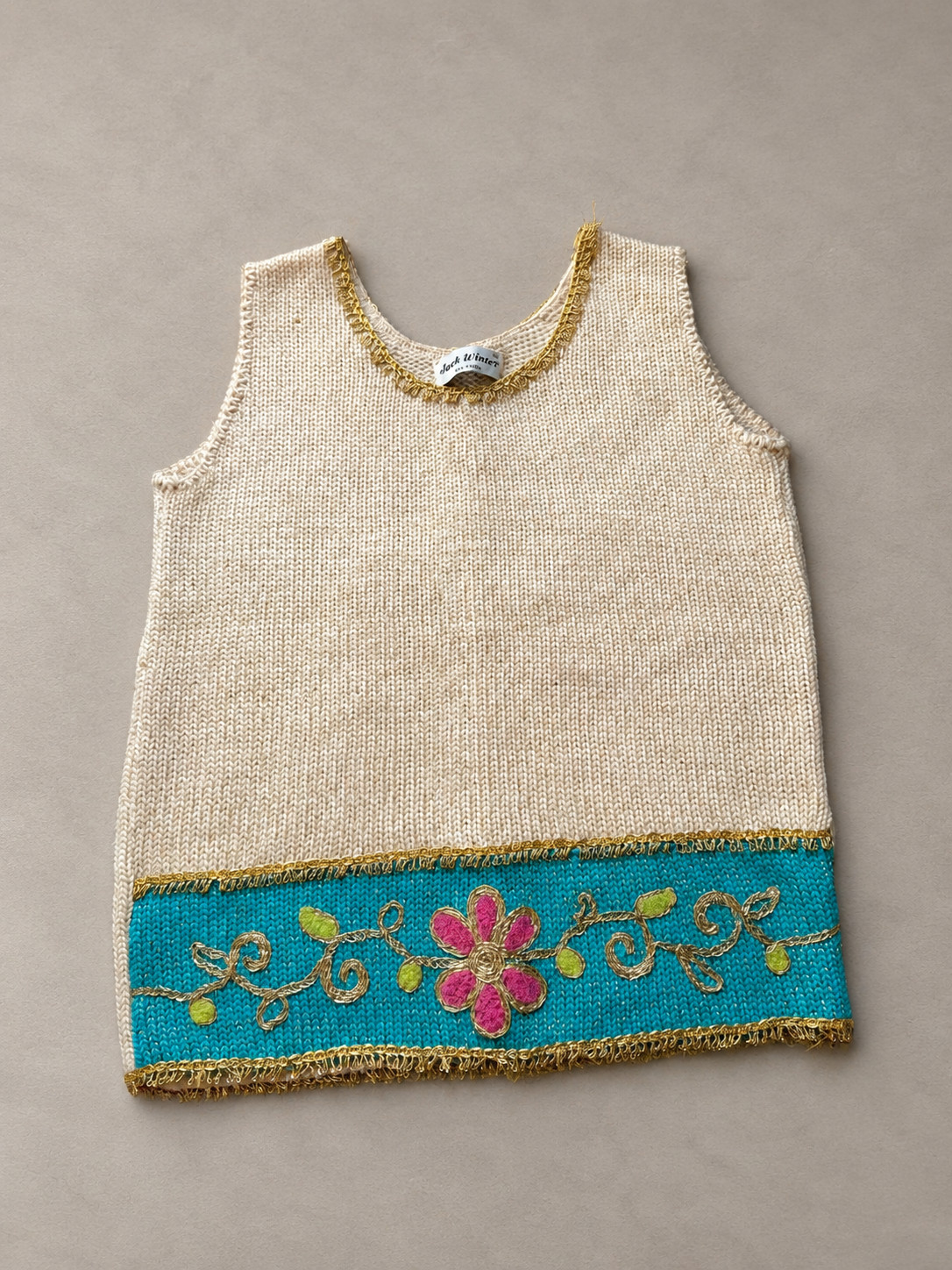 Vintage 60s Jack Winter All Wool Sweater Vest 38 Metallic Gold Embroidered Mod