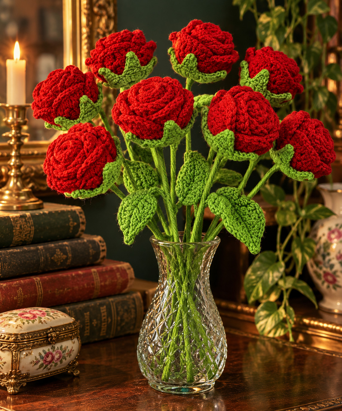 Lot 8 Handmade Crochet Red Roses Long Stem Yarn Flowers Forever Bouquet Cottage