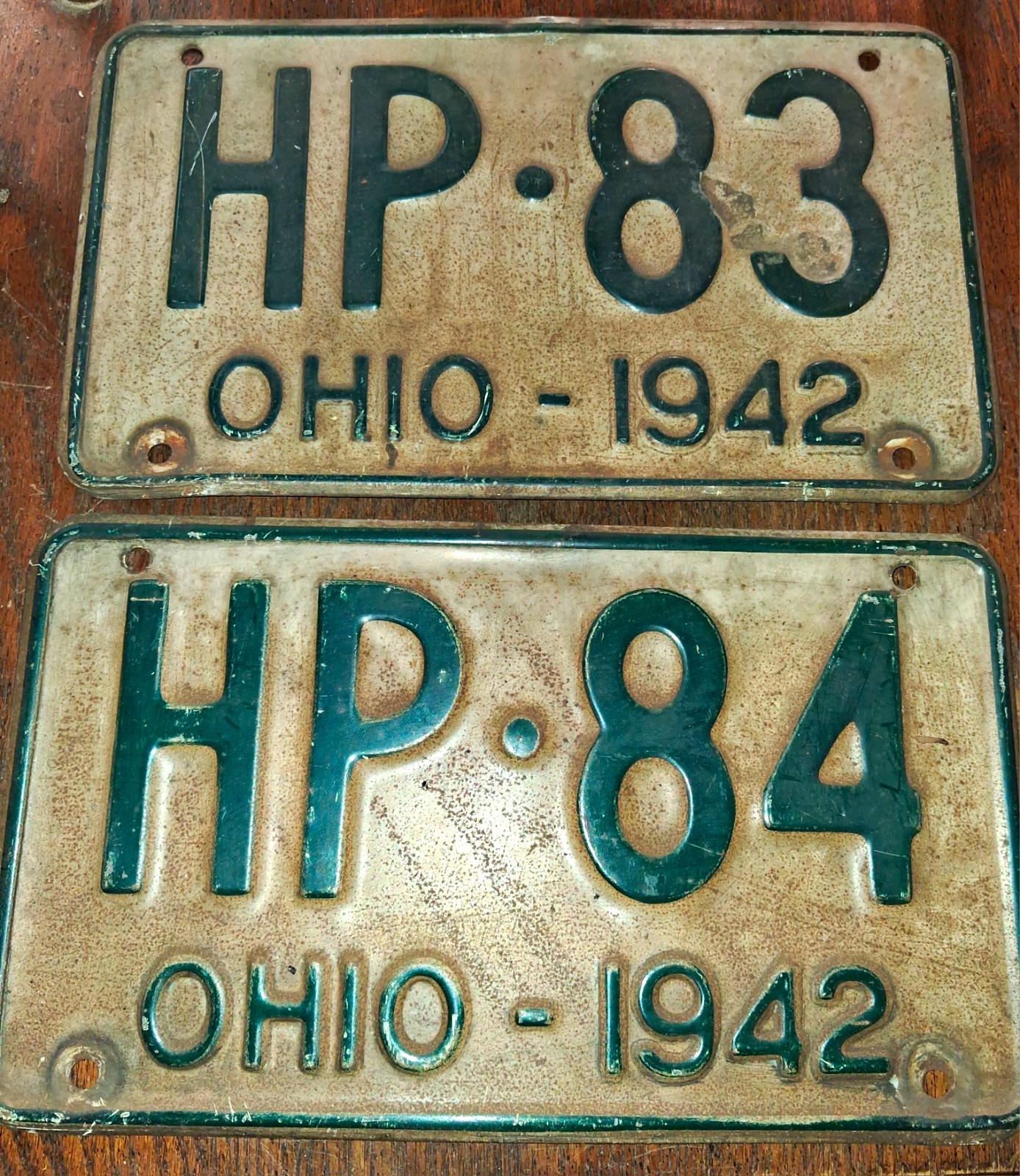 Vintage 1942 Ohio License Plates Consecutive Pair HP-83 HP-84 Original WWII Vintage 1942 Ohio License Plates Consecutive Pair HP-83 HP-84 Original WWII