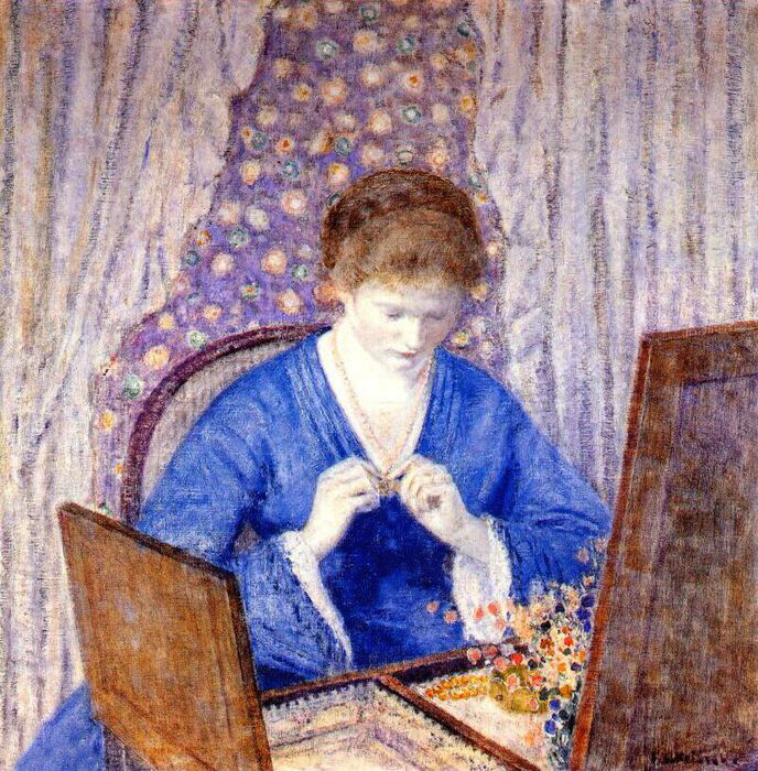 Oil painting Frederick Carl Frieseke girl in blue girl portrait canvas