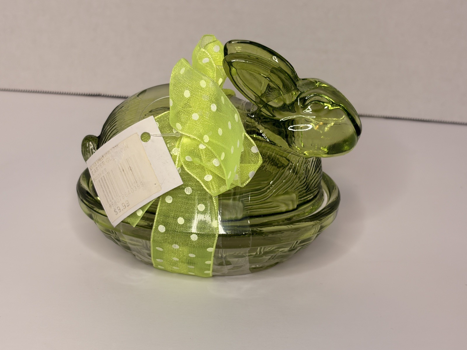 Vintage Green Glass Bunny Rabbit In Basket Covered Dish w/ Lid 2-Piece Oval