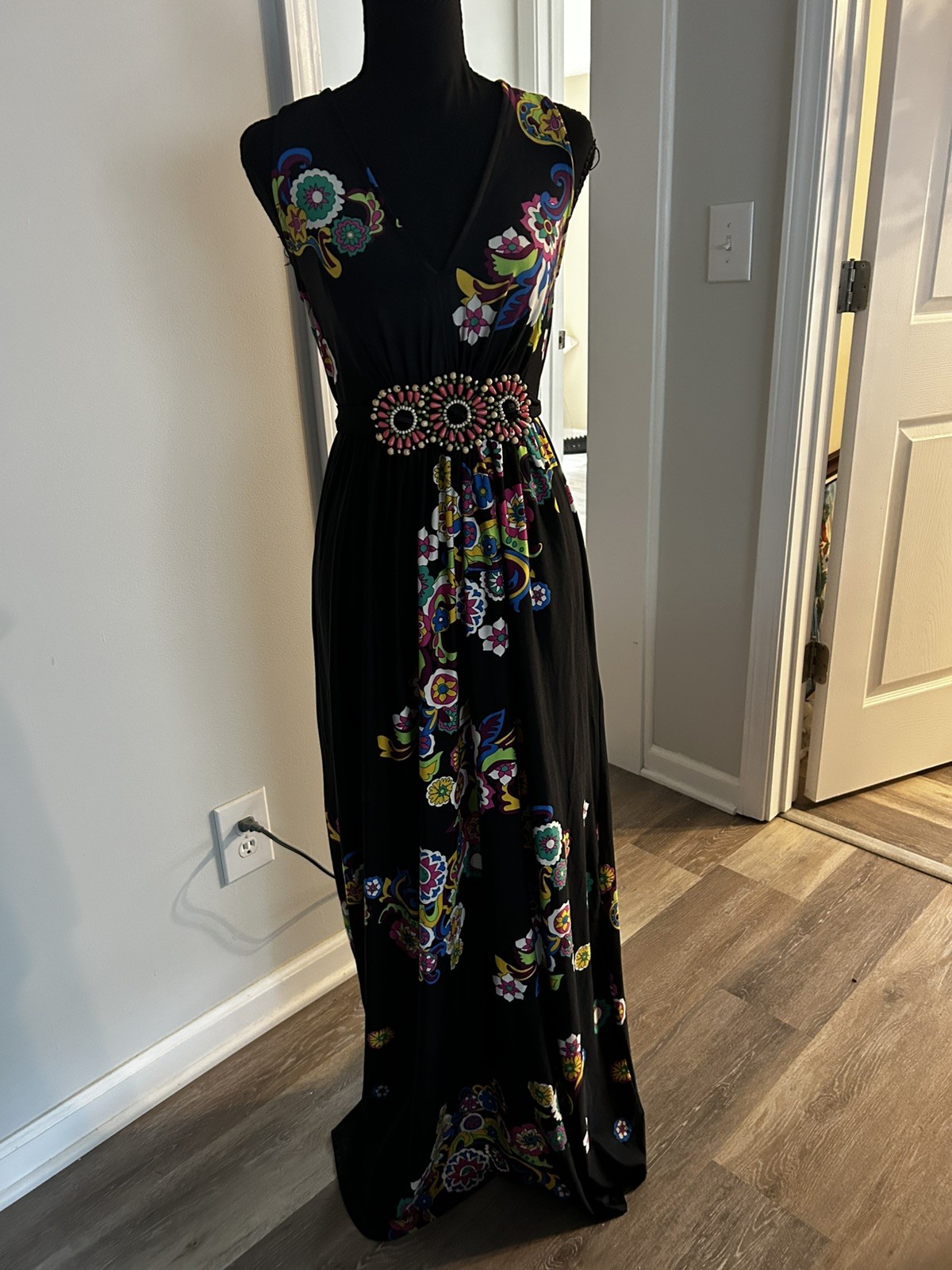 ECI New York Black Sleeveless Embellished Beaded Dress Boho Tie Back Sz Lg
