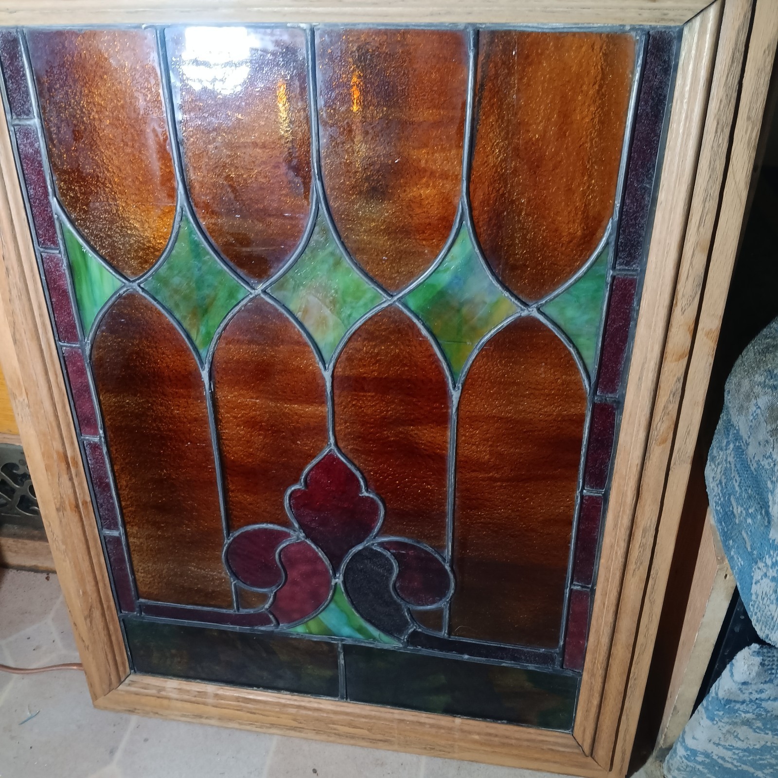 Vintage Leaded Stained Glass Window in Heavy Solid Oak Frame 22x28 Arch Motif