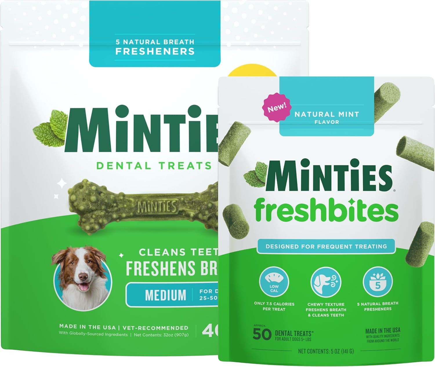 Minties Medium Dog Dental Bone Treats, 40 Count + Minties Freshbites Soft and Ch