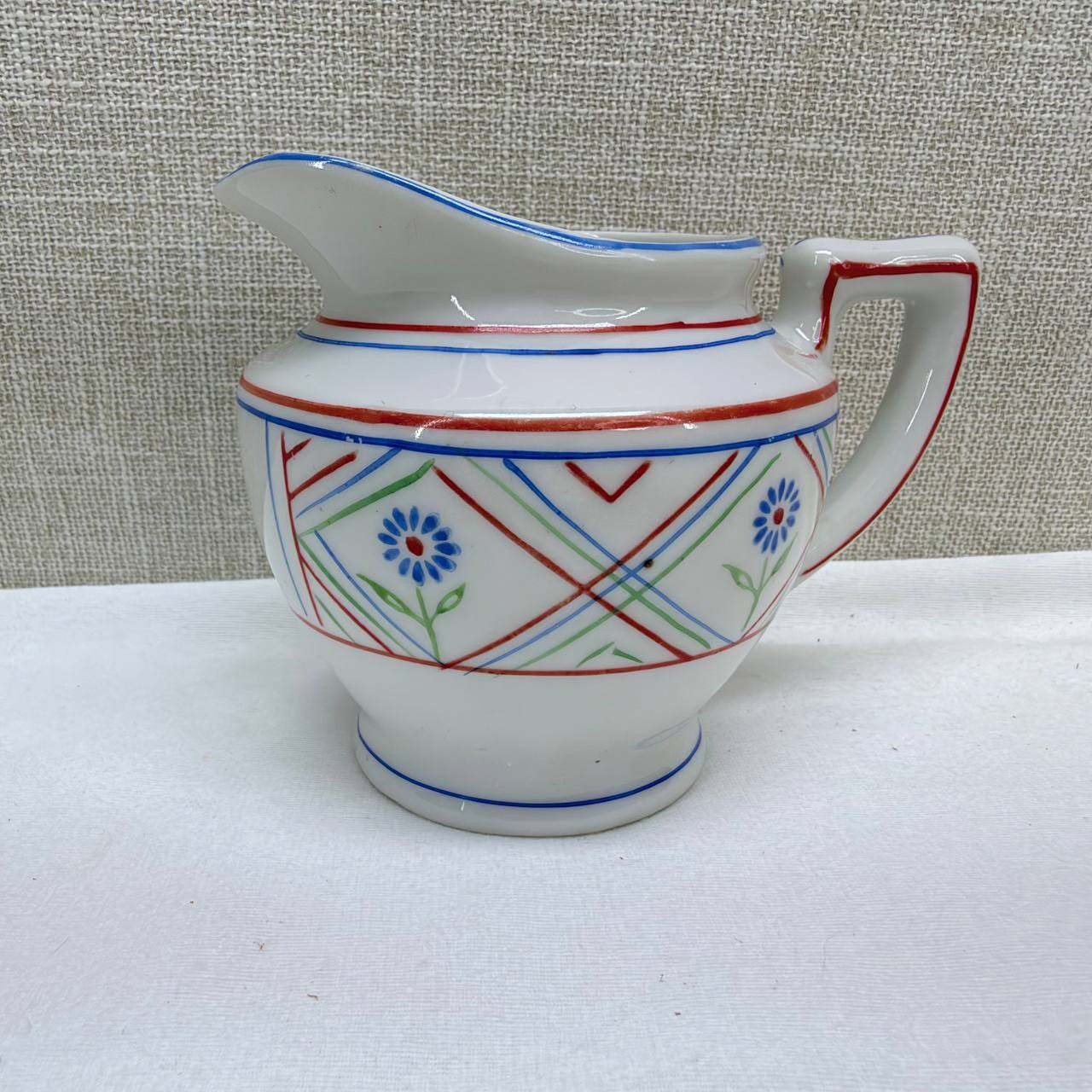 Vintage Daisy Japan Porcelain Creamer Pitcher Hand Painted Floral Geometric