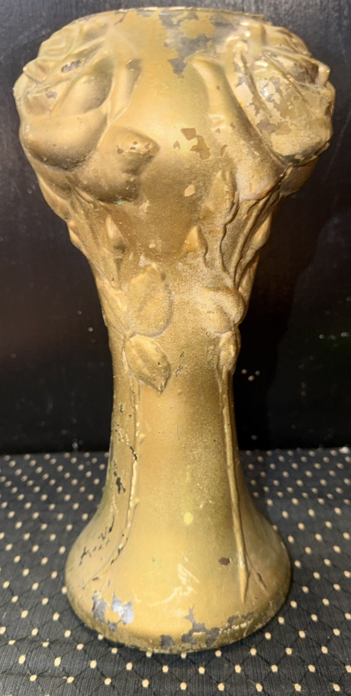 Antique Victorian Puffy Gold Goofus Glass Vase Roses Original Paint 10 Antique Victorian Puffy Gold Goofus Glass Vase Roses Original Paint 10