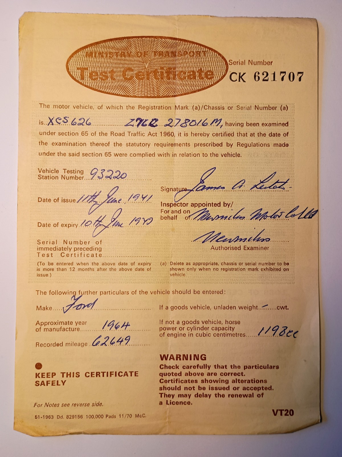Rare Vintage 1971 VT20 MOT Certificate 1964 Ford 1198cc Newmilns Collectible Rare Vintage 1971 VT20 MOT Certificate 1964 Ford 1198cc Newmilns Collectible