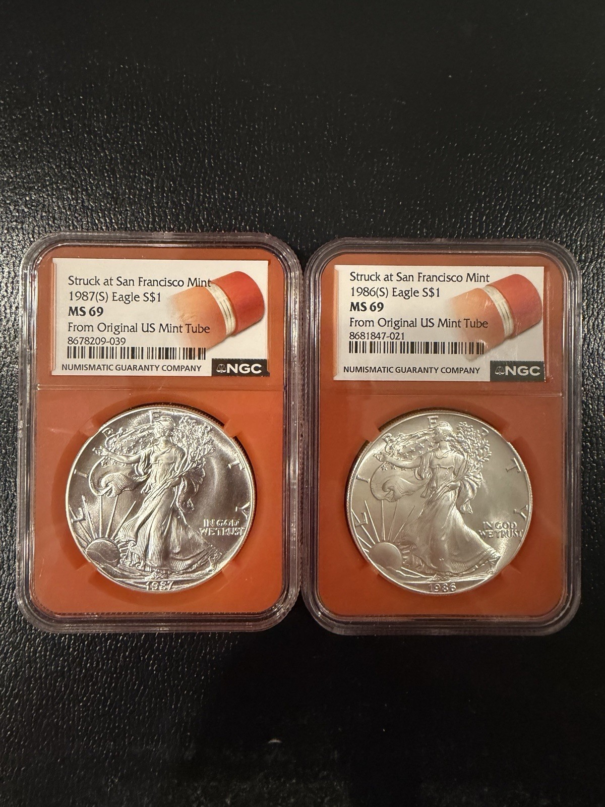 1986 (S) & 1987 (S) Orange Core Silver Eagles S$1 MS69 From US Mint Sealed Box
