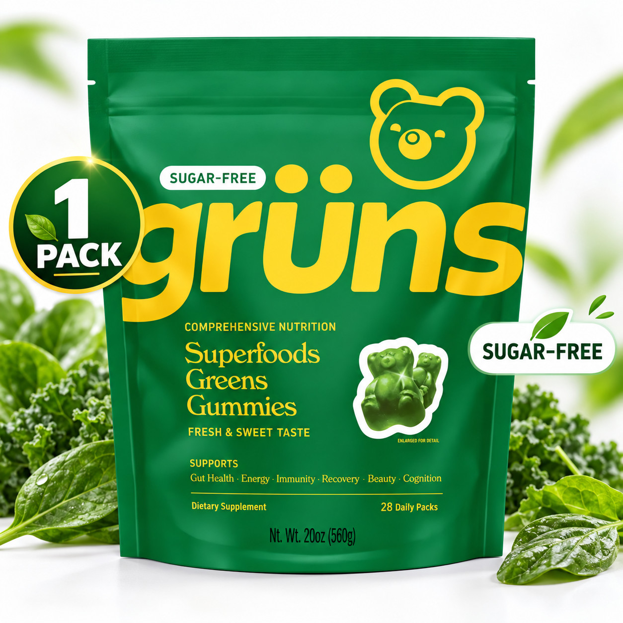 1-3 Pack Grüns Superfood Greens Gummies Sugar Free 21+ Vitamins Minerals 20oz