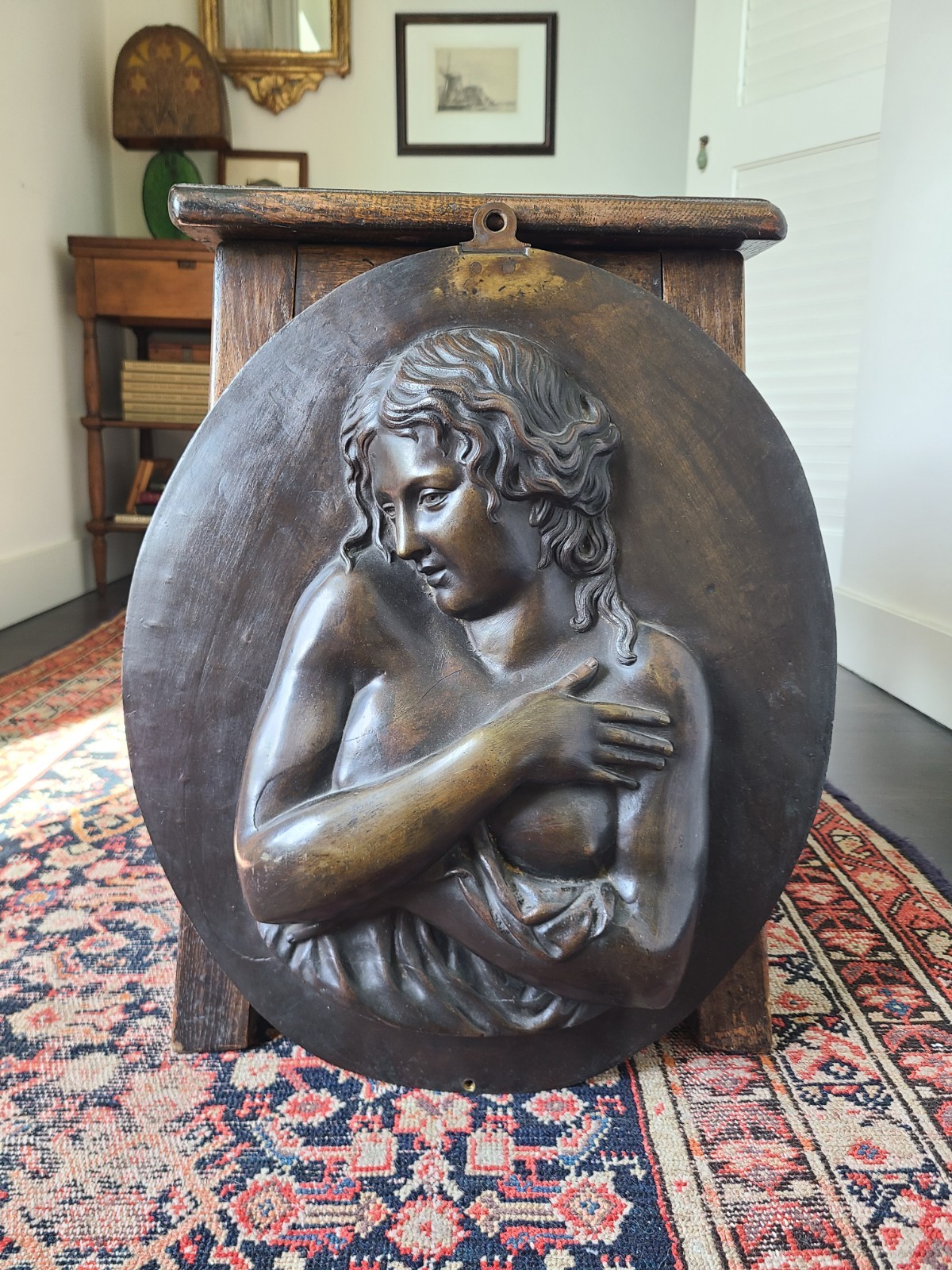 Antique Bronze Oval Bas-Relief Plaque Sculpture Classical Nude Maiden Portrait
