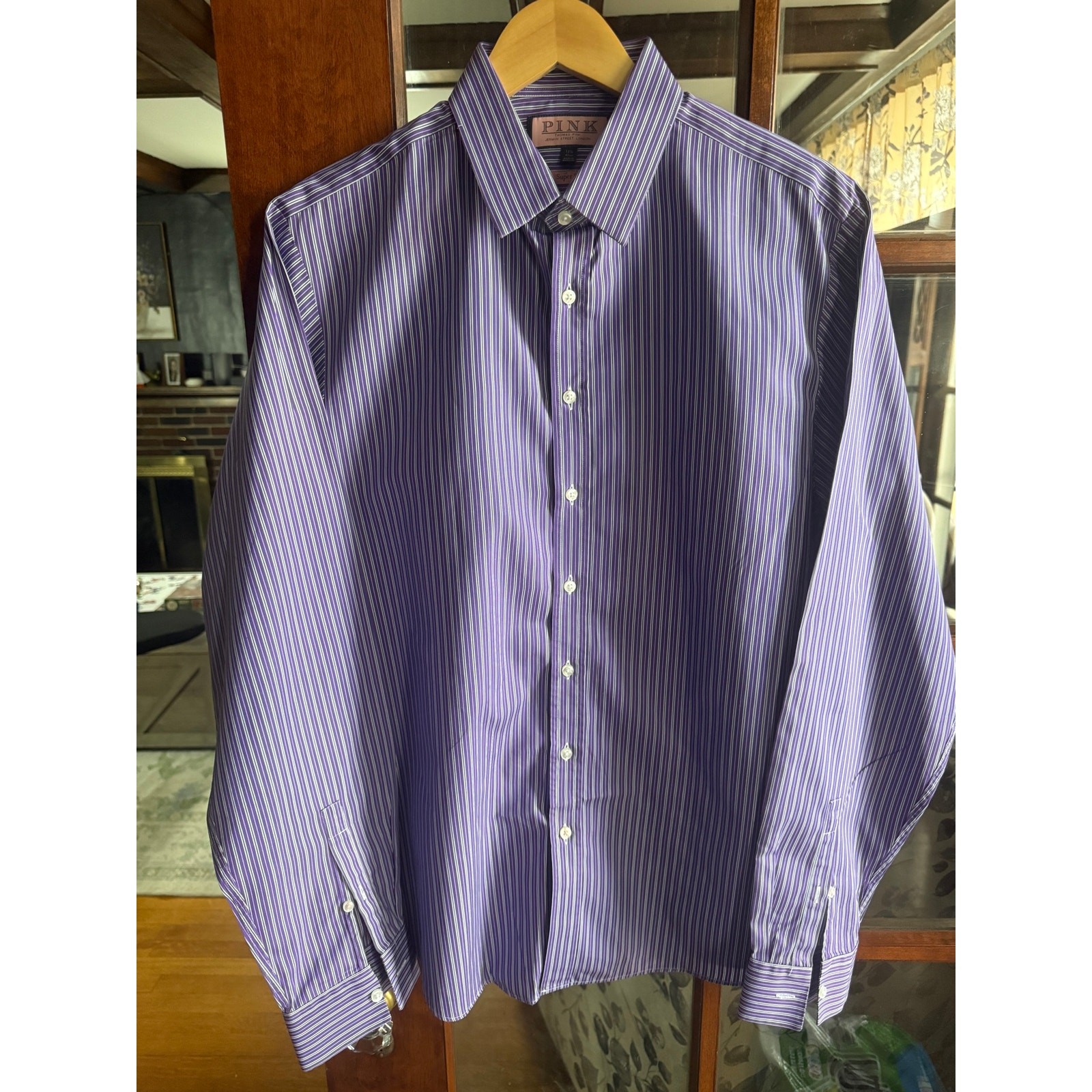 Thomas Pink Jermyn Street Mens 16.5 Super Slim Purple Stripe Dress Shirt Cotton