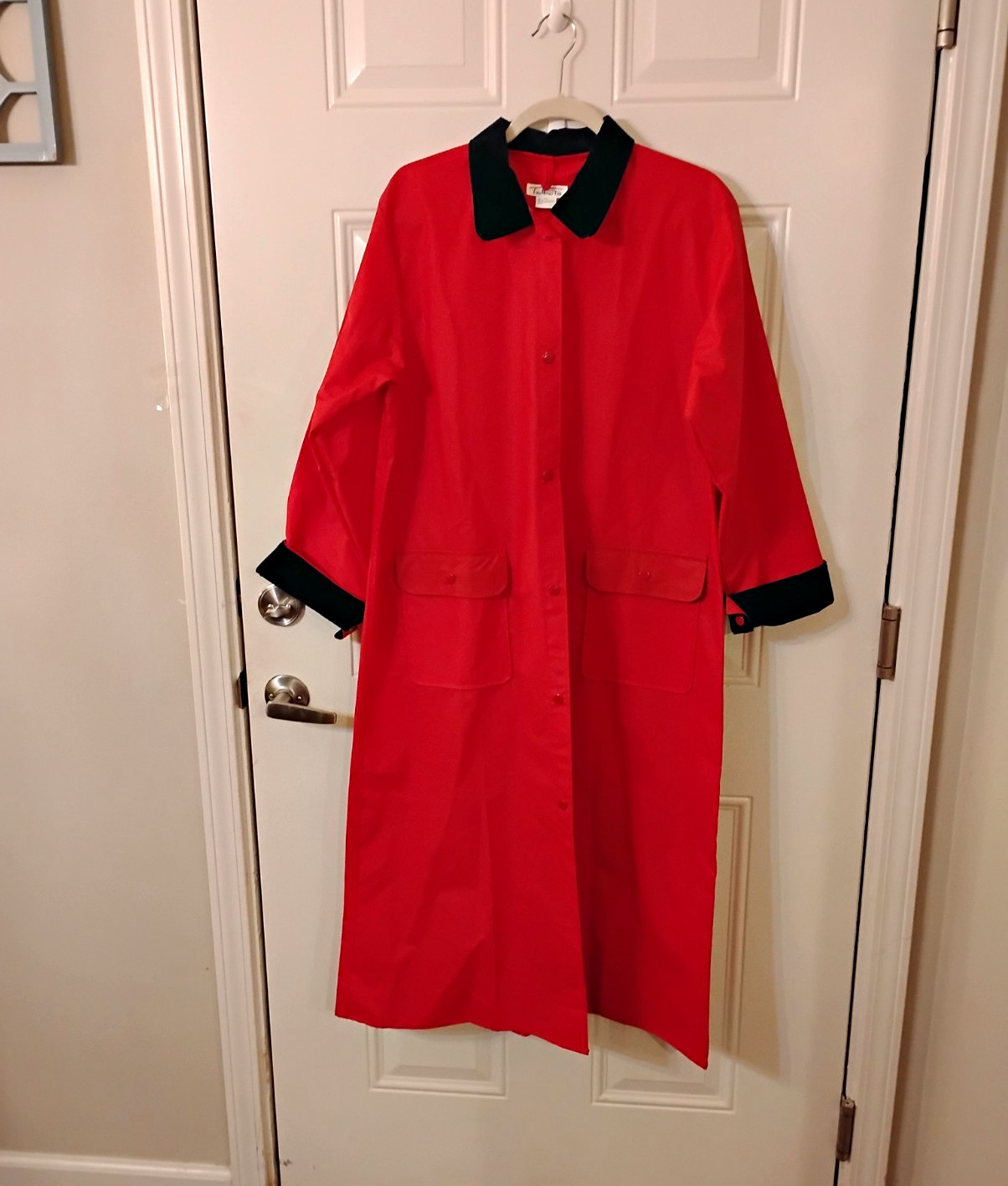 Talbots Red/Black Long Rain Coat Button Front Pockets Women\'s Size 16