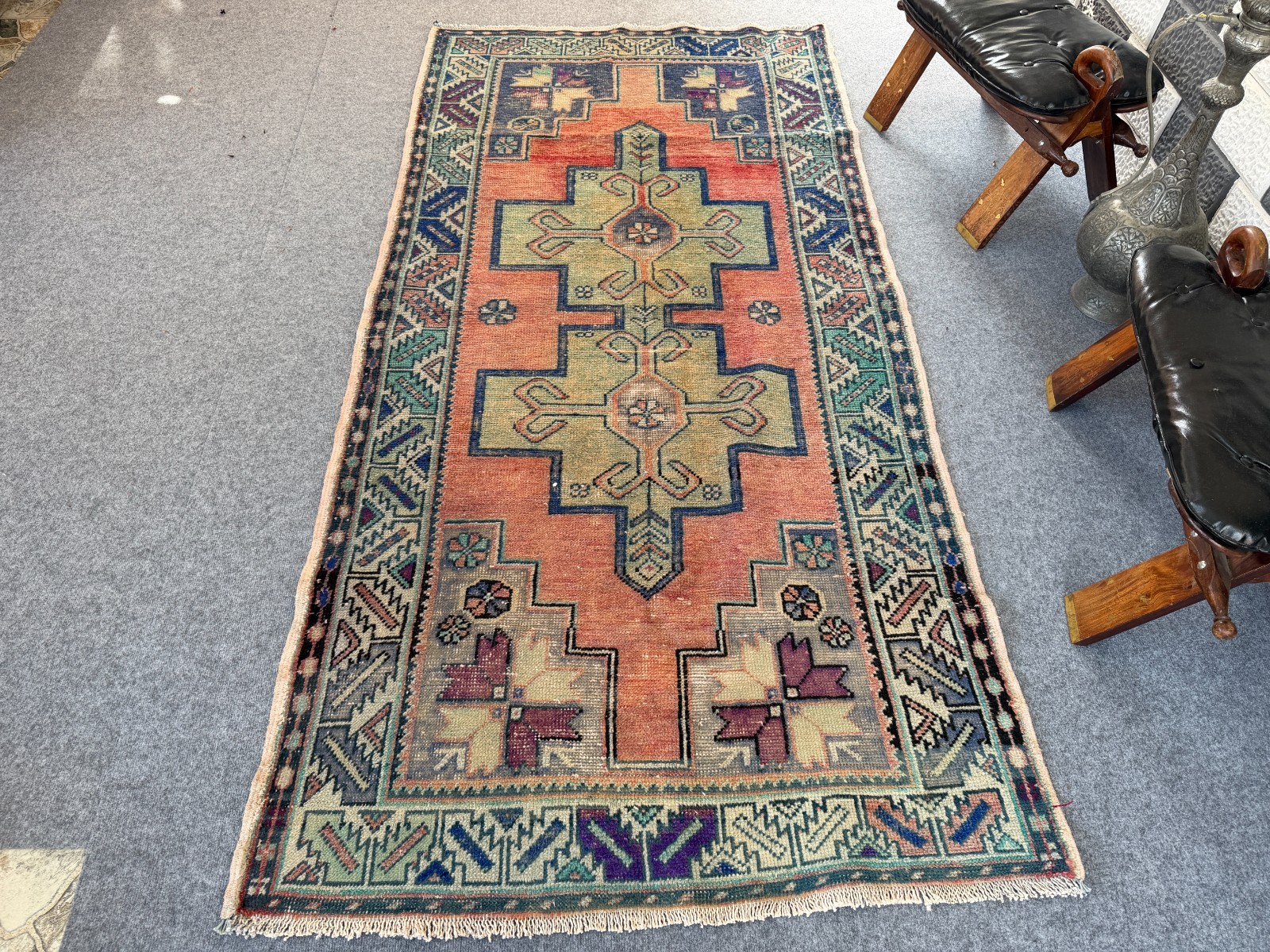 Vintage Handknotted Turkish Anatolian Wool Rug 4x8 Distressed Farmhouse Tribal