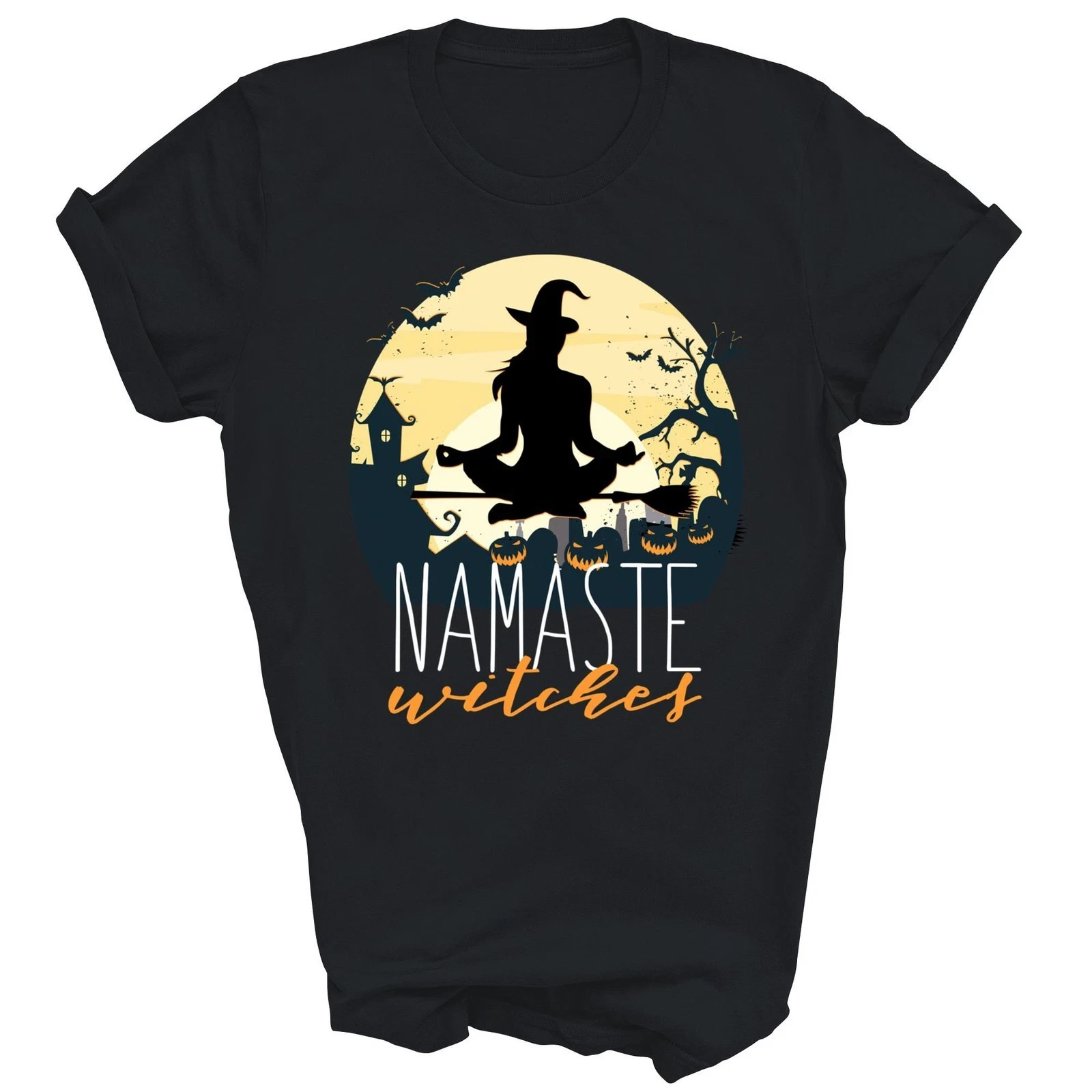 Namaste Witch Print T-Shirt Funny Halloween Yoga Themed Unisex Tee S-5XL