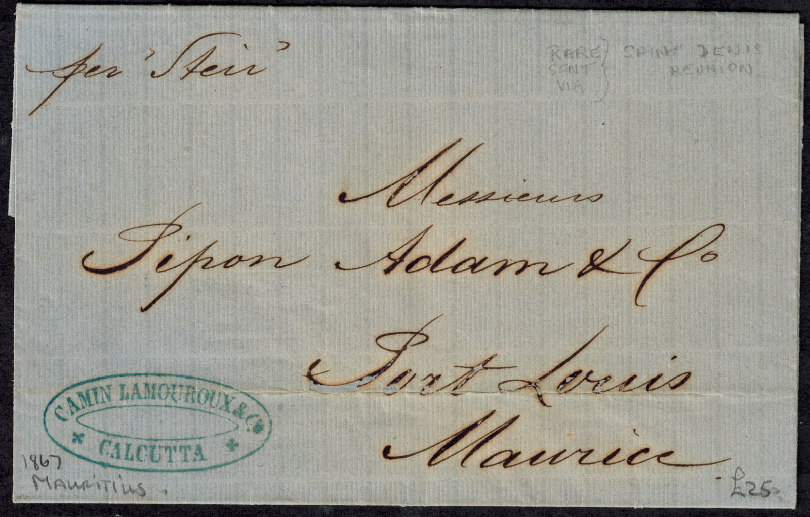 Mauritius 1867 Pre Stamp Full Letter w/RARE BLUE REUNION ST. DENIS RECEIVER Mauritius 1867 Pre Stamp Full Letter w/RARE BLUE REUNION ST. DENIS RECEIVER