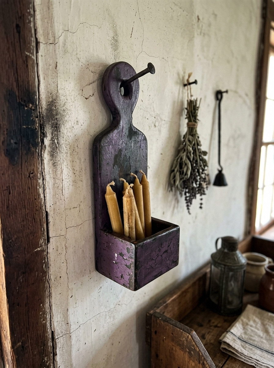 Handmade Primitive Colonial Purple Candle Box Wall Aged Finish antique