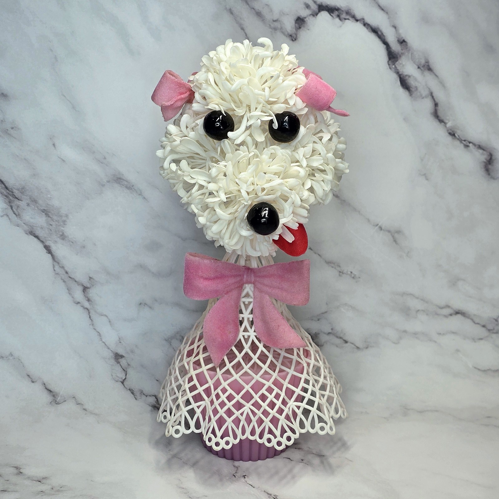 Vintage Kitschy 1960s Flocked Bows Plastic Poodle Florabelle Flowers Decor HTF