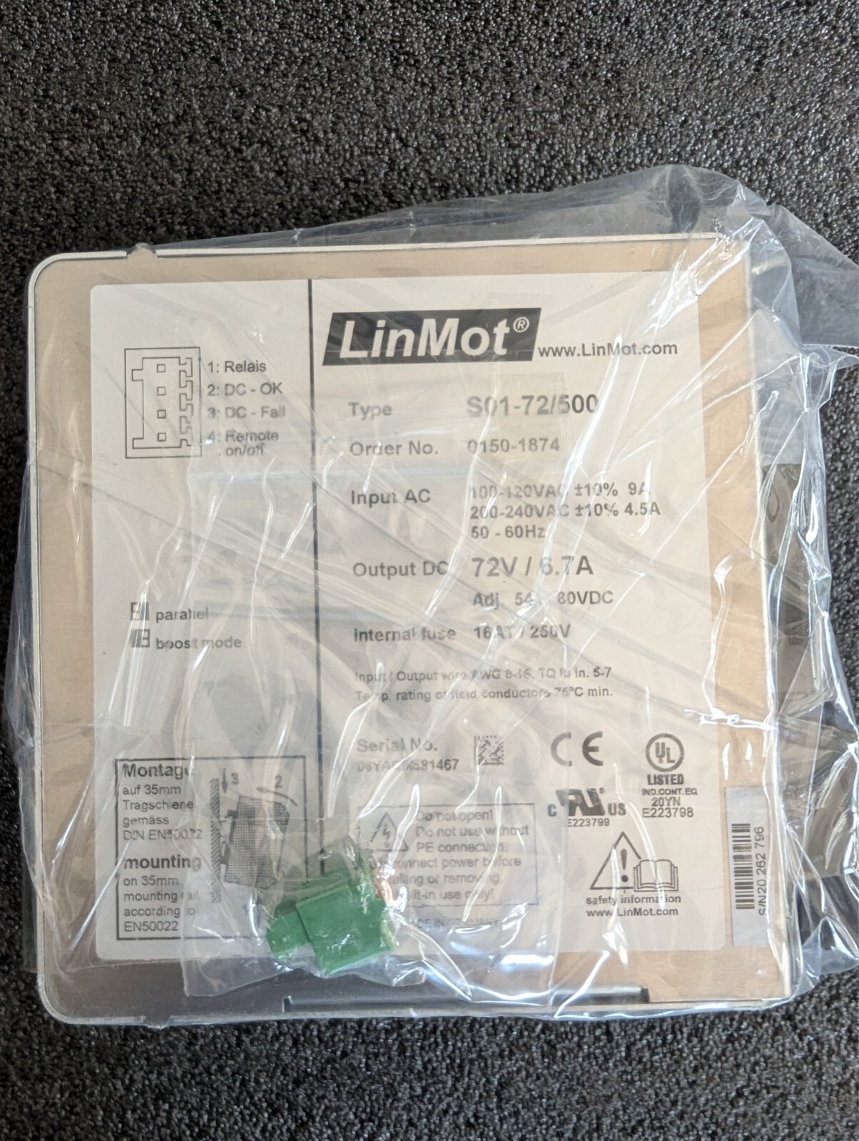 Brand New - LinMot S01-72/500 Power Supply 0150-1874 Brand New - LinMot S01-72/500 Power Supply 0150-1874