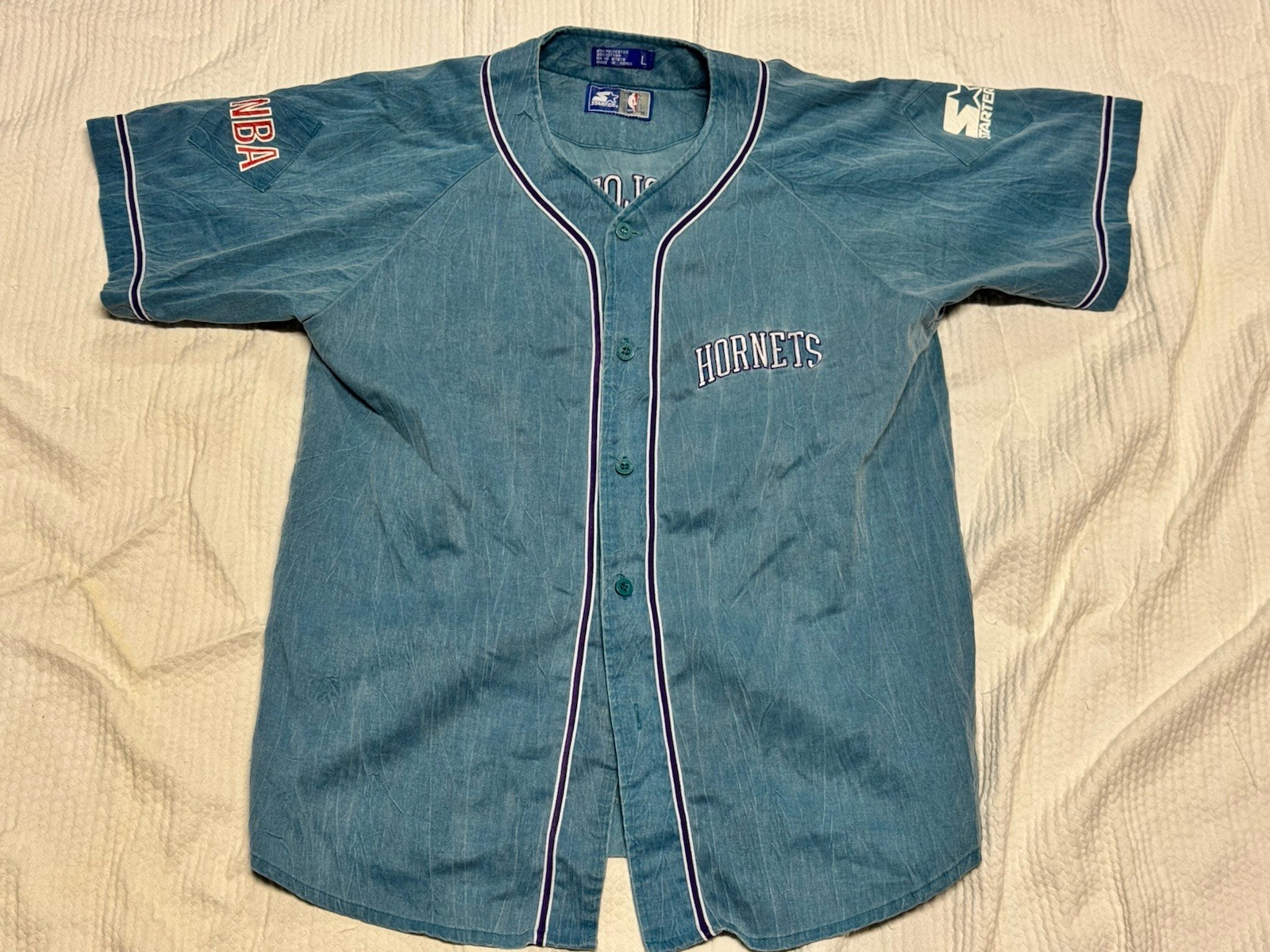 Vintage 1990s CHARLOTTE HORNETS STARTER Baseball Jersey - Acid Washed - Men’s LG Vintage 1990s CHARLOTTE HORNETS STARTER Baseball Jersey - Acid Washed - Men’s LG