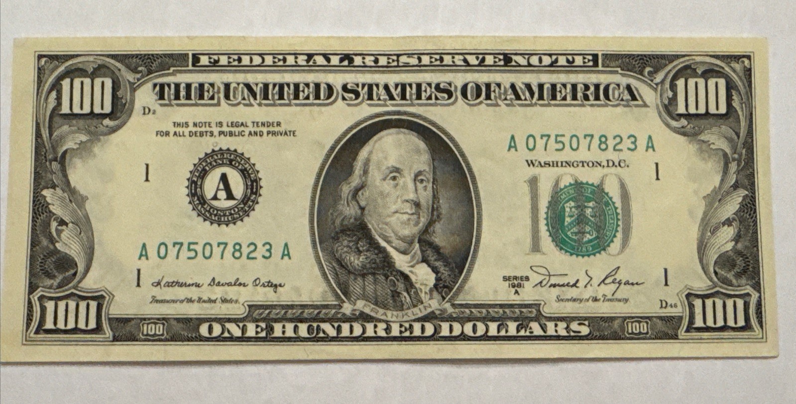 1981 A $100 Hundred Dollar Bill Federal Reserve Note Boston MA Vintage Old N/M 1981 A $100 Hundred Dollar Bill Federal Reserve Note Boston MA Vintage Old N/M
