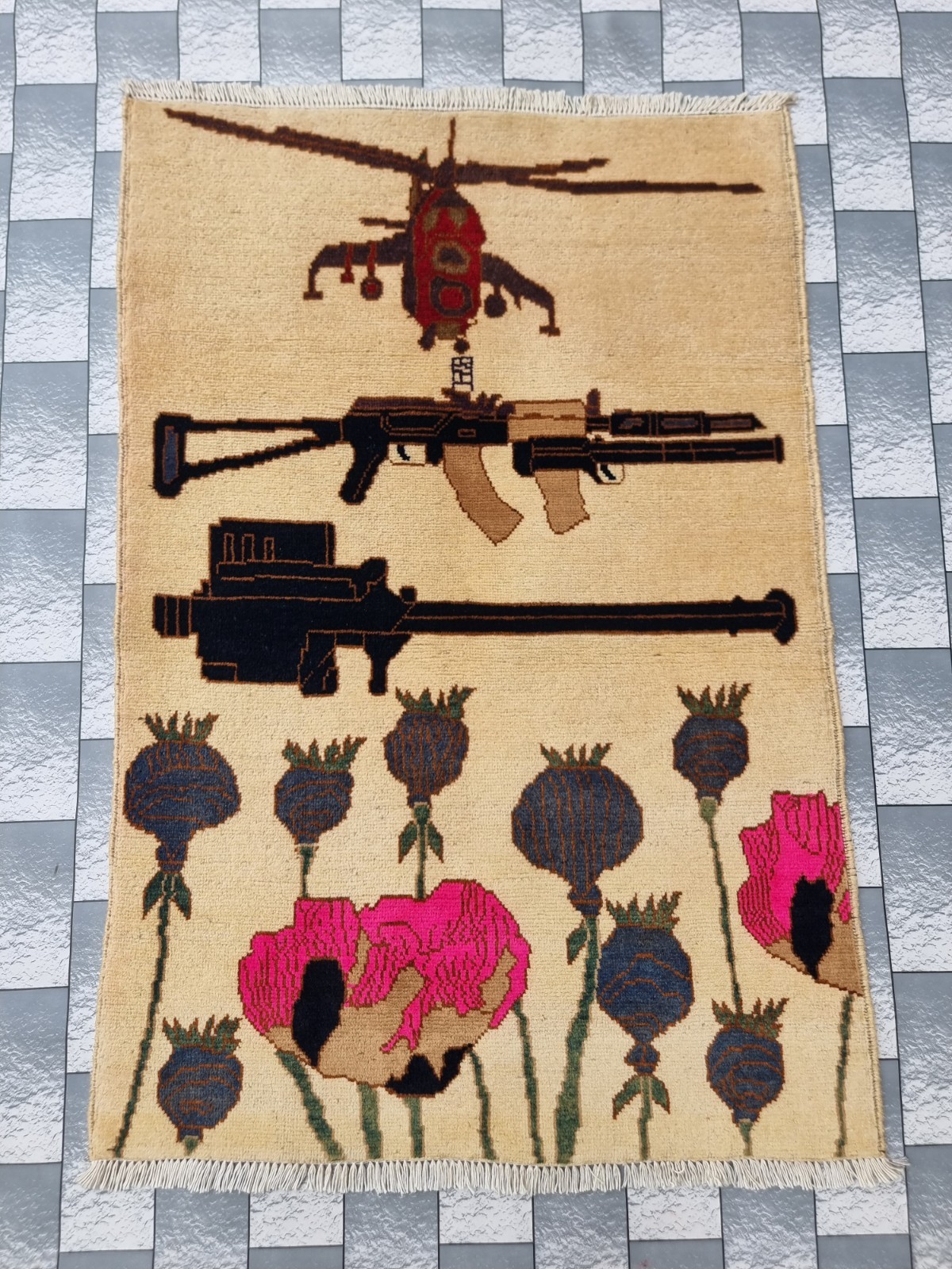 Afghan Hand Opium Flower Ak 47 War Rug Tribal Wool With Knotted  Wall Hanging  