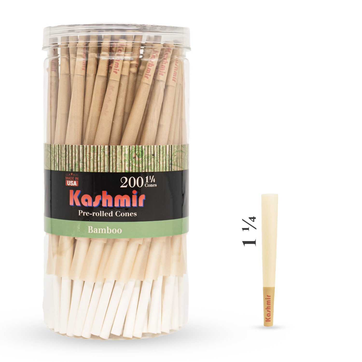 Kashmir 1 1/4 Size Bamboo Rolling Paper Cones Pre Rolled Natural Cones 200 Ct
