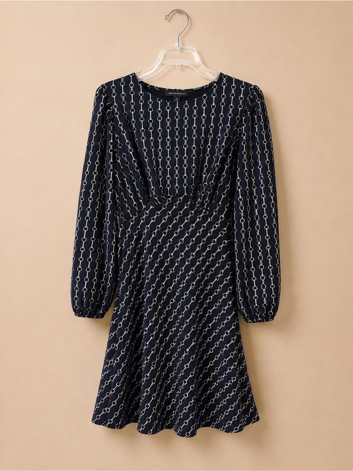 NWOT Express Black Chain Print Long Sleeve Empire Waist Mini Fit & Flare Dress L