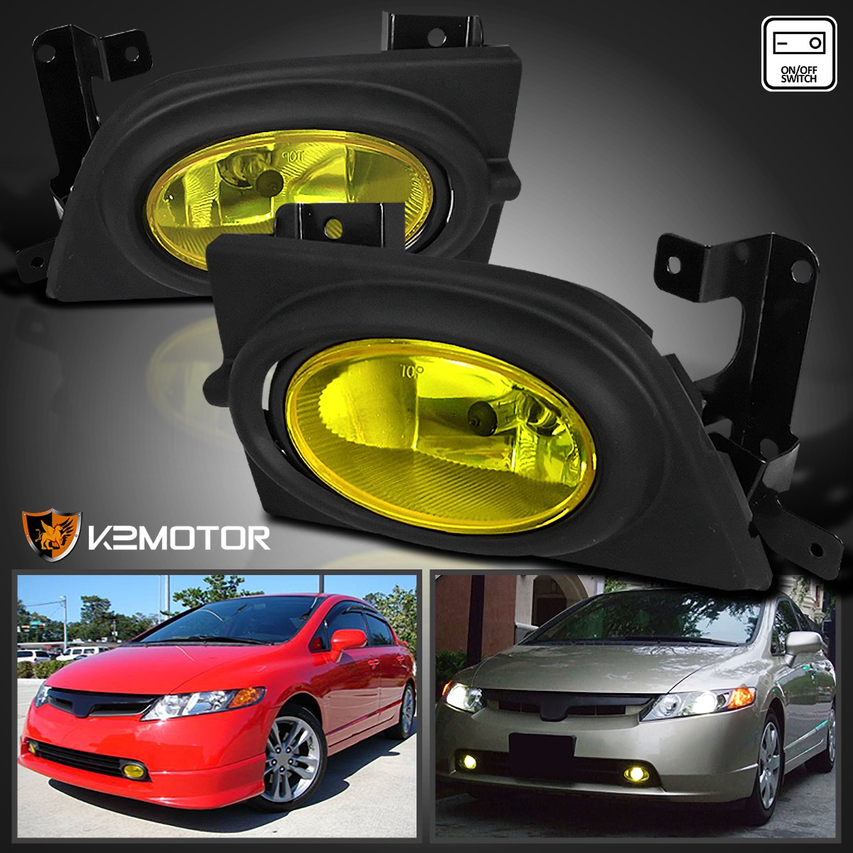 Fits 2006-2008 Honda Civic 4Dr Yellow Driving Fog Lights Lamps+Switch+Wiring