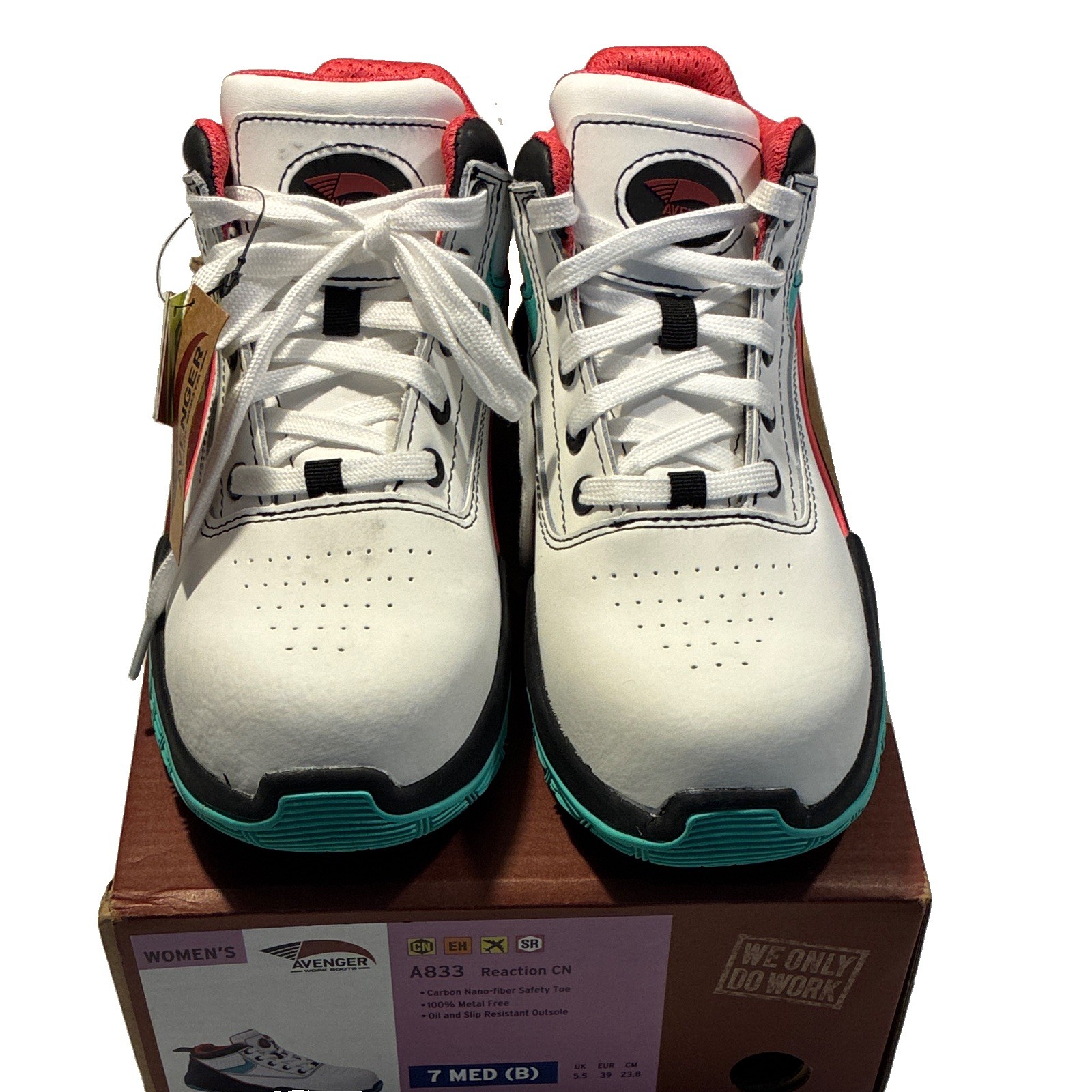 Avenger Women\'s Reaction CN Work Shoes A833 White Teal 7 M Carbon Safety Toe NIB Avenger Women\'s Reaction CN Work Shoes A833 White Teal 7 M Carbon Safety Toe NIB