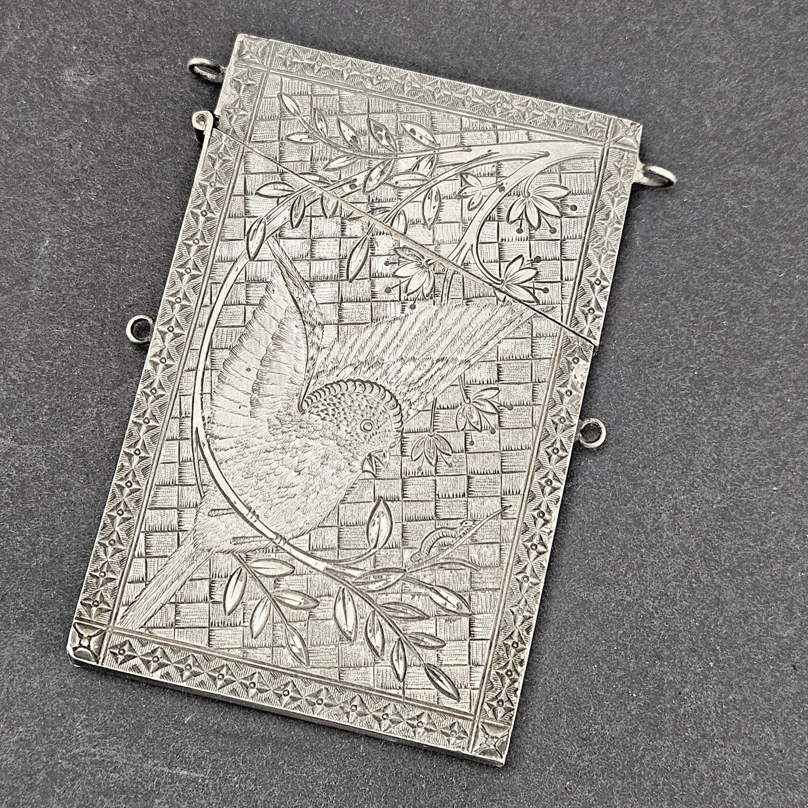 Antique Victorian Engraved Silver Tone Calling Card Case Chatelaine Loops Hinged Antique Victorian Engraved Silver Tone Calling Card Case Chatelaine Loops Hinged